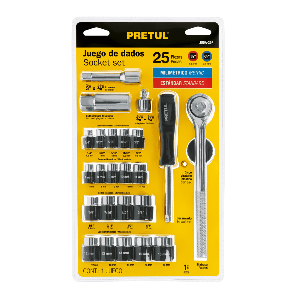 Juego de 25 herramientas 1/4' y 3/8' para mecánico, Pretul JUDA-29P
