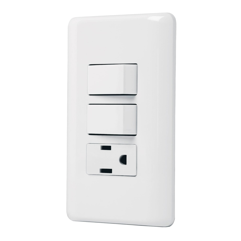 Placa armada con contacto y 2 interruptores sencillos, BASIC PA-APCO-B2
