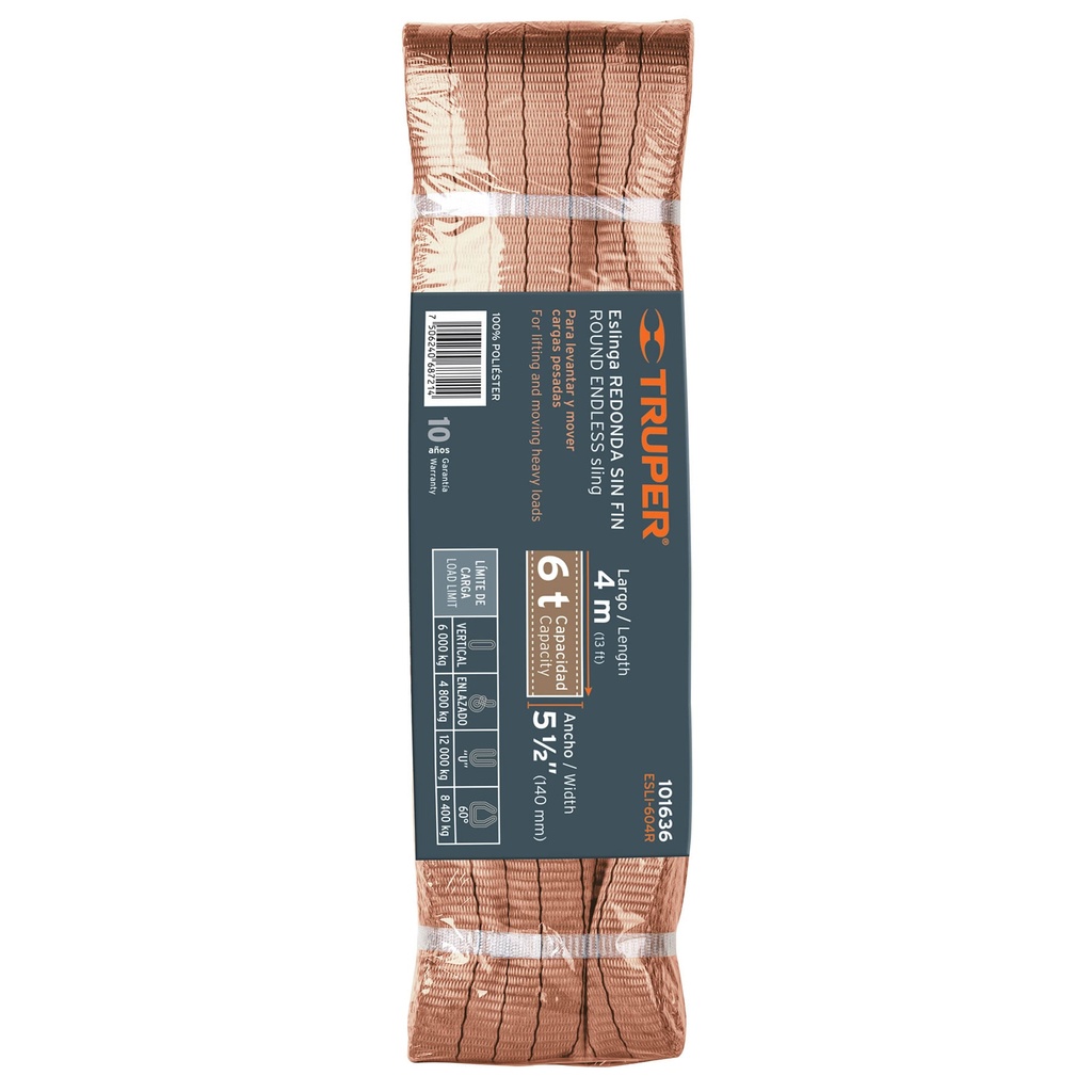 Eslinga de poliéster redonda sin fin, 6 T x 4 m, TRUPER ESLI-604R