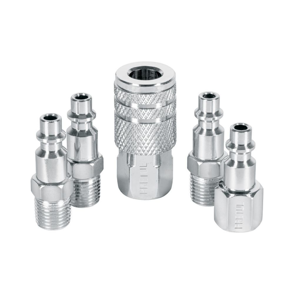 Juego de 4 conectores rápidos y 1 cople, de acero, PRETUL CORAL-5P