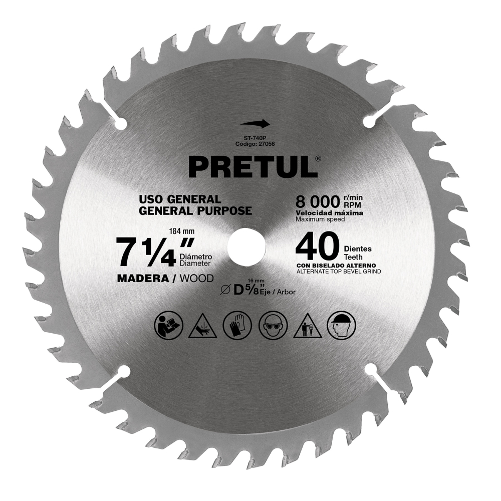 Disco sierra 7-1/4' p/madera, 40 dientes centro 5/8', PRETUL ST-740P