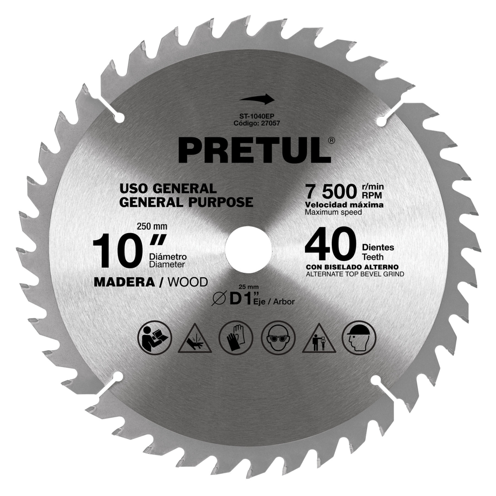 Disco sierra 10' para madera, 40 dientes centro 1', PRETUL ST-1040EP