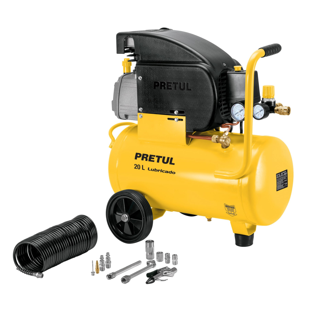 Kit Compresor lub, 20L, manguera y accesorios, 127V, PRETUL COMP-KIT20P2
