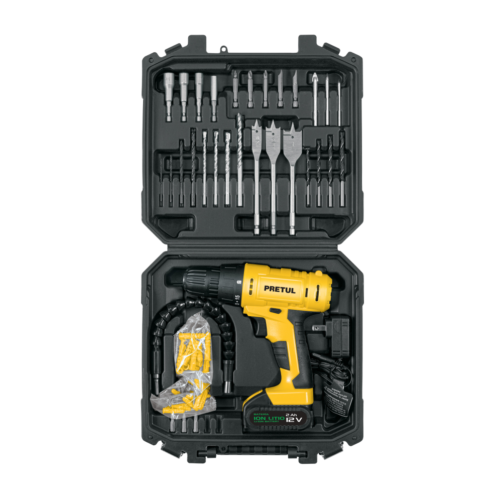 Kit taladro/destornillador 3/8', 12V, 33 accs, PRETUL (DESC) TALI-12PK2