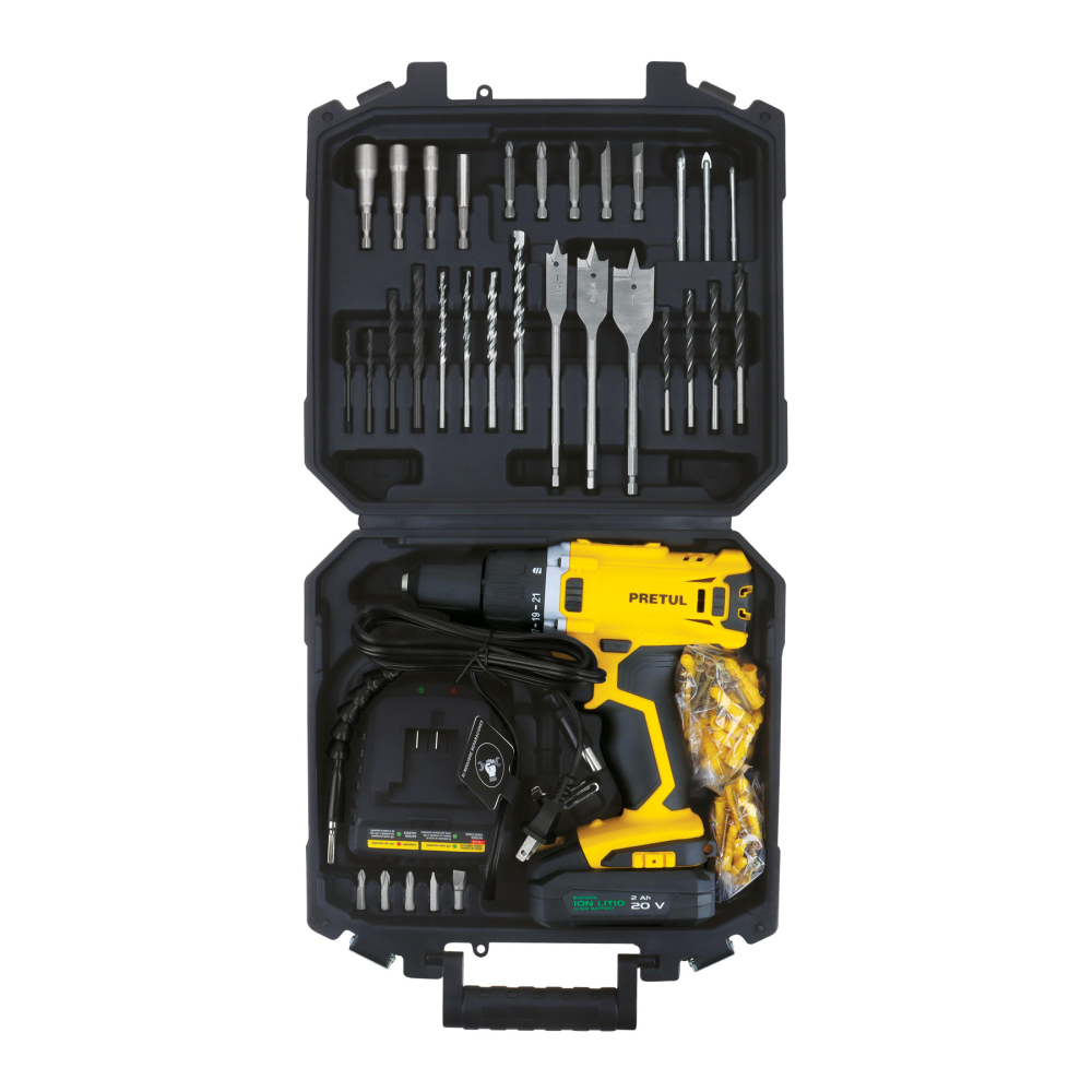 Kit taladro/destornillador 1/2', 20V, 32 accesorios, PRETUL TALI-20P2K