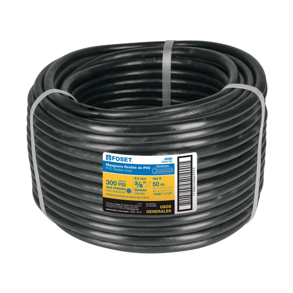Manguera para gas, PVC negra, 3/8' sin conexión, 50 m, FOSET MGAN-500