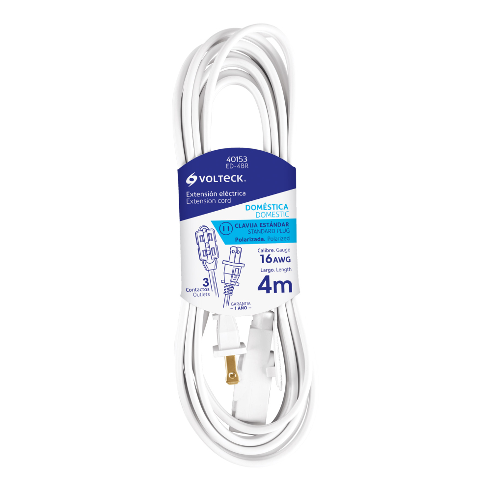Extensión eléctrica doméstica 4 m clavija recta, blanca ED-4BR