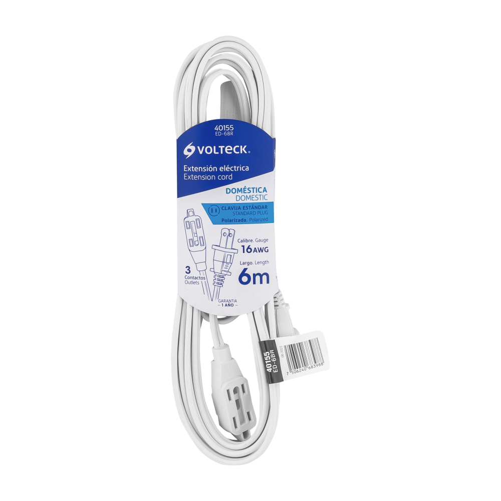 Extensión eléctrica doméstica 6 m clavija recta, blanca ED-6BR