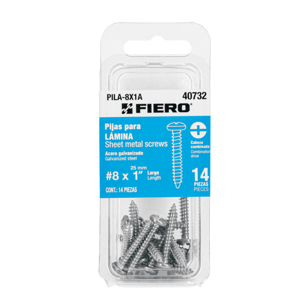 Blíster con 14 pijas para lámina, #8 x 1', FIERO PILA-8X1A