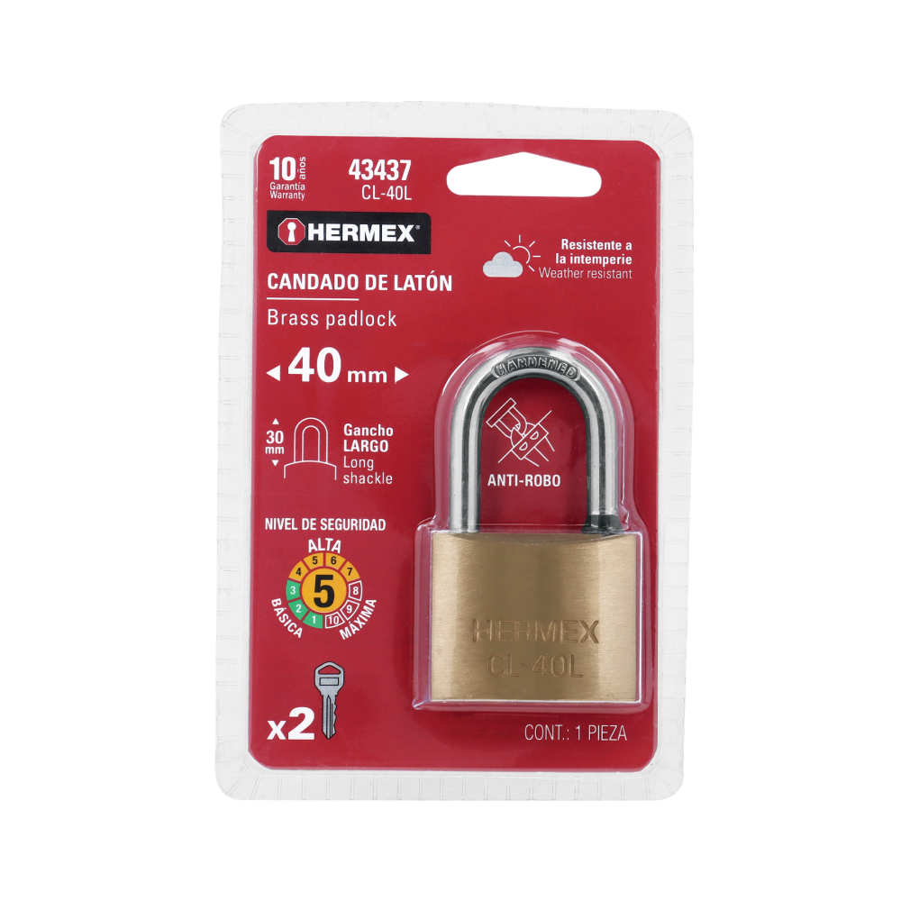 Candado de latón 40 mm gancho largo en blíster, HERMEX CL-40L