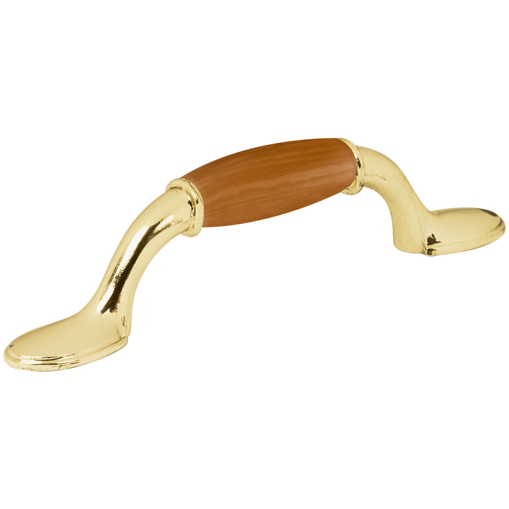 Jaladera metálica, 76mm latón brillante, inserto tipo madera JAL-0621