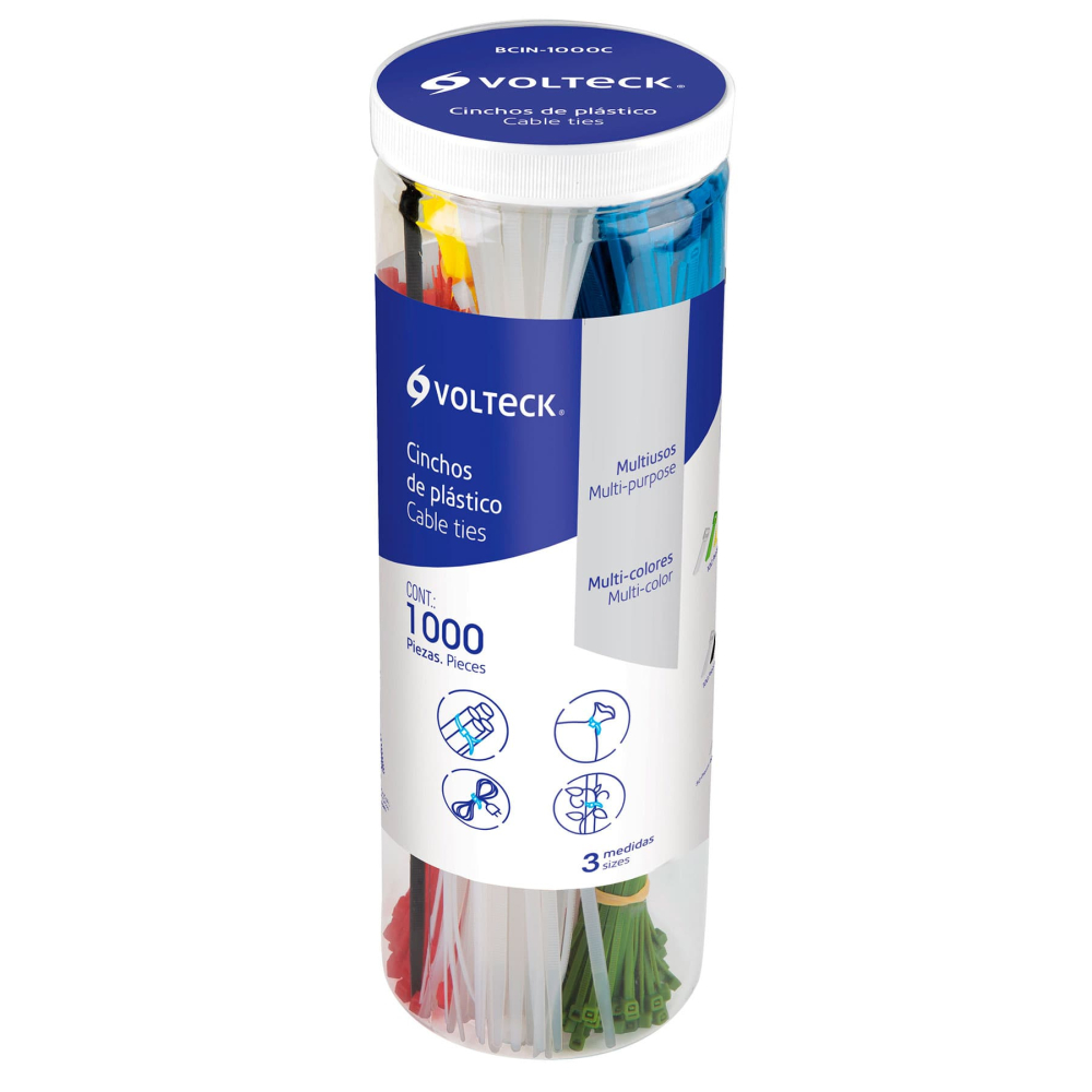 Bote con 1000 cinchos plásticos en colores surtidos, Volteck BCIN-1000C