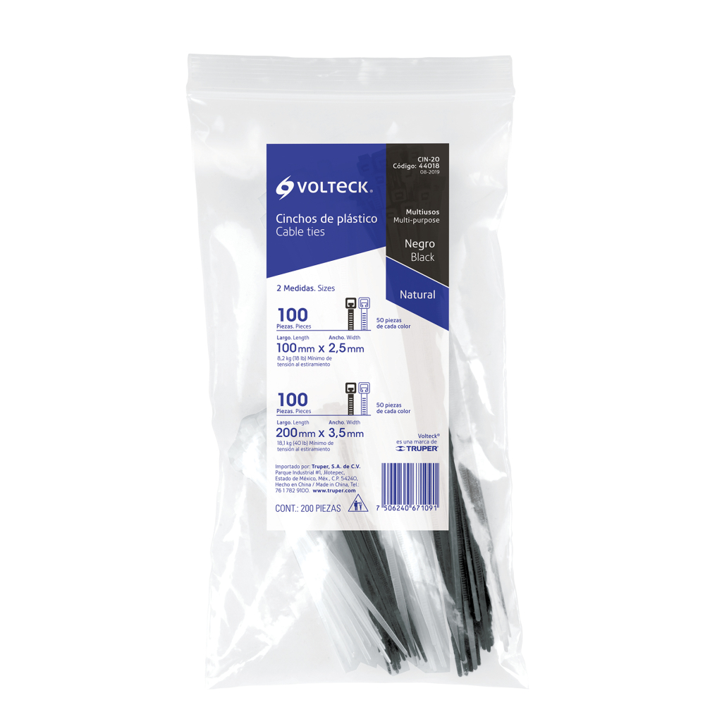 Bolsa con 200 cinchos plásticos negros y naturales, VOLTECK CIN-20