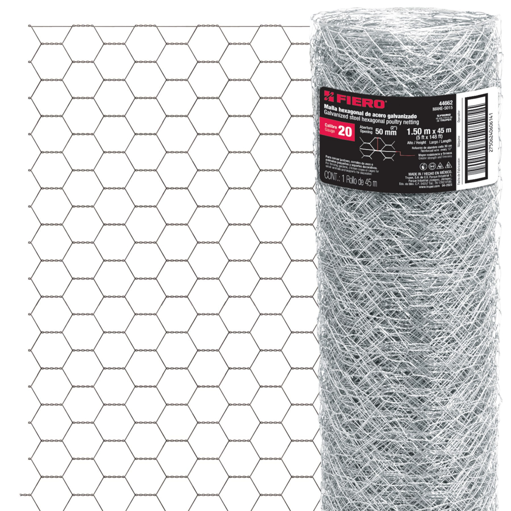 Rollo malla hexagonal cal.20, 1.5x 45m, abertura 50mm, 15kg MAHE-5015