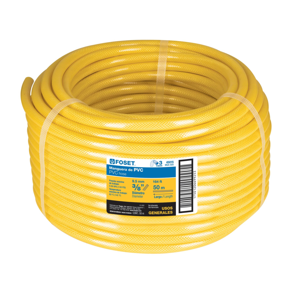 Manguera para gas, PVC amarilla, 3/8' s/conexión, 50 m,FOSET MGA-500
