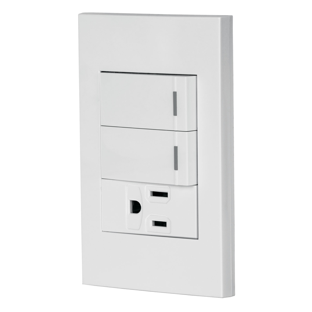 Placa armada 2 interruptores,1 contacto,1mod,Española,blanco PA-APCO-E2B