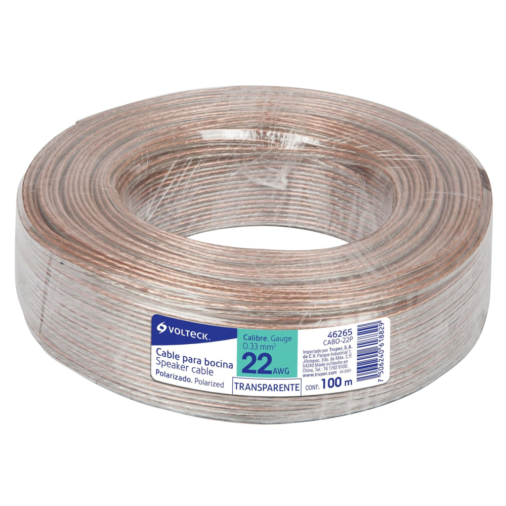 Rollo de 100 m cable polarizado transparente p/bocina 22 AWG CABO-22P