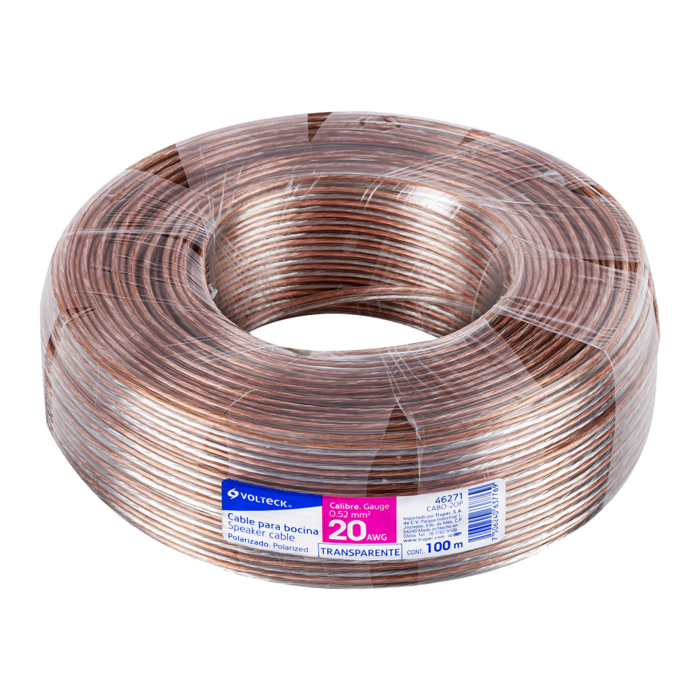 Rollo de 100 m cable polarizado transparente p/bocina 20 AWG CABO-20P