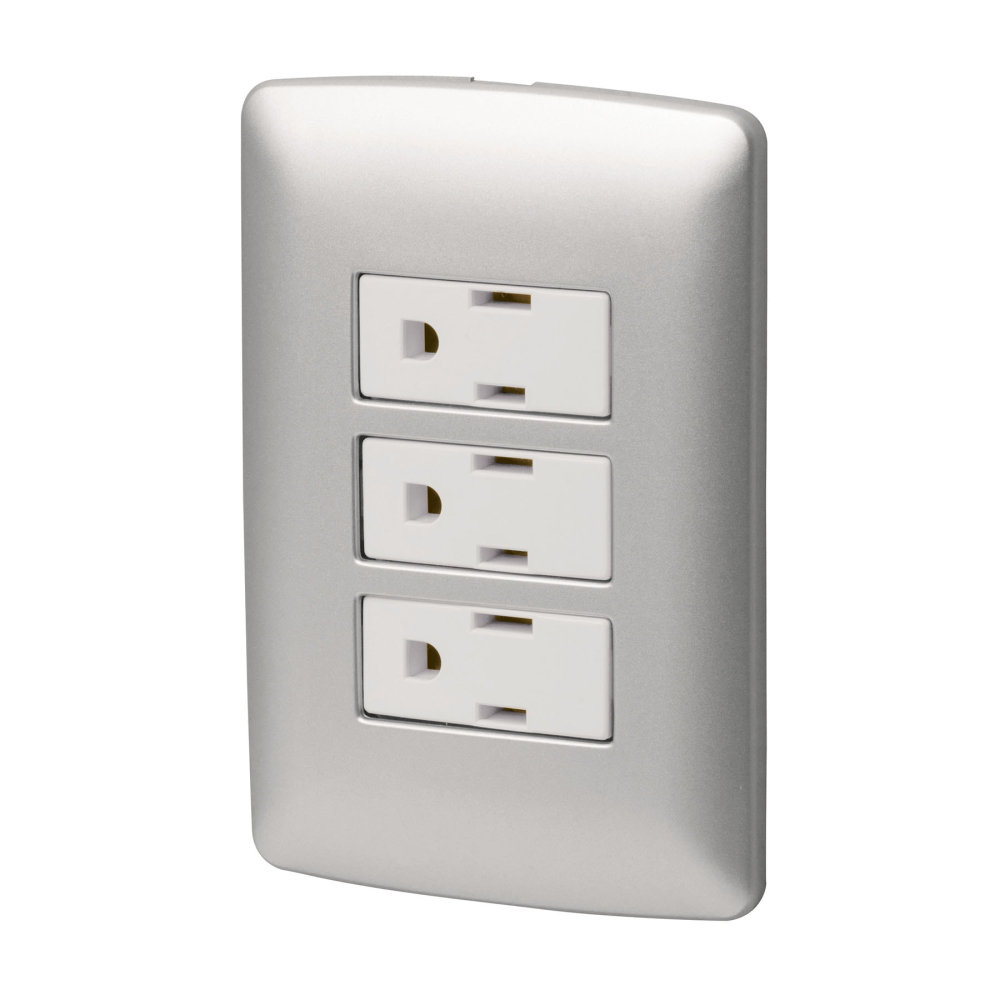 Placa armada 3 contactos aterrizados, plata, línea Italiana PA-COTR-IP