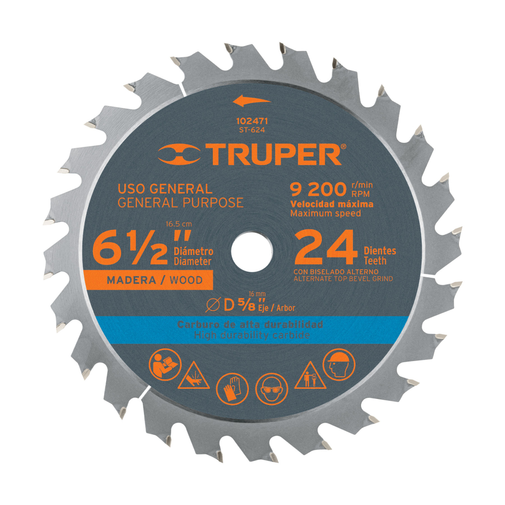 Disco sierra 6-1/2' p/madera, 24 dientes con centro 5/8' ST-624