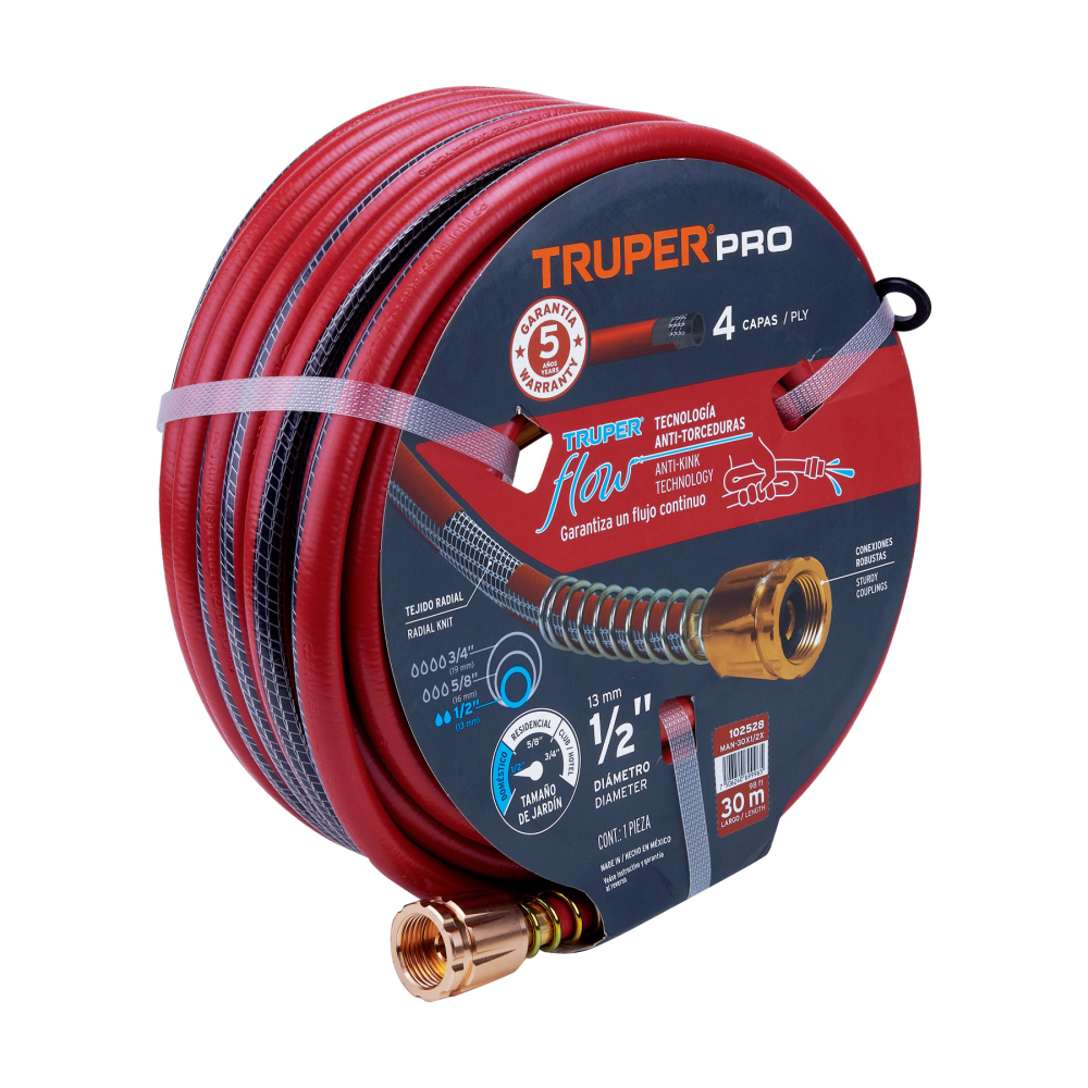 Manguera 1/2' super reforzada 4 capas 30 m conexiones metal MAN-30X1/2X