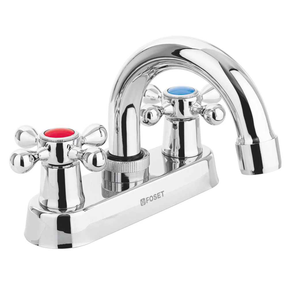 Mezcladora 4' para lavabo, cuello curvo, manerales cruceta M-050E