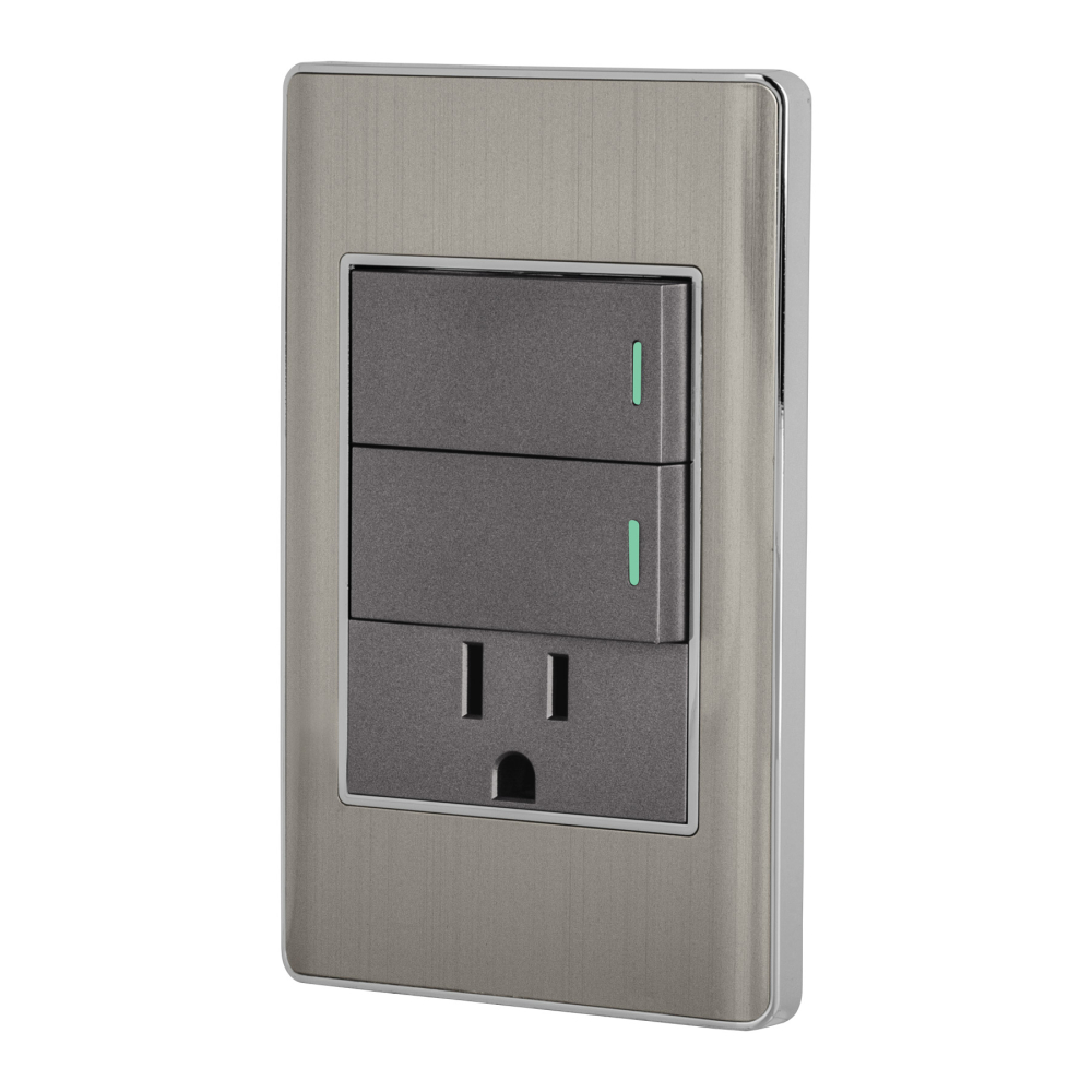 Placa armada acero 2 interruptores y contacto 1 mód, Lisboa PA-APCO-L2A