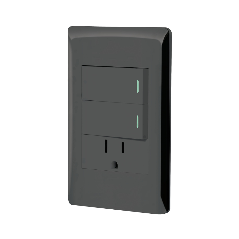 Placa armada negra 2 interruptores y contacto 1 mód, Lisboa PA-APCO-L2N