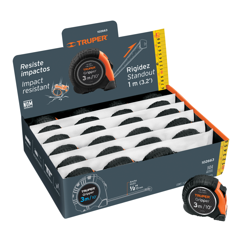 Flexómetro Gripper 3 m cinta 13 mm display box con 24 piezas FH-3MC