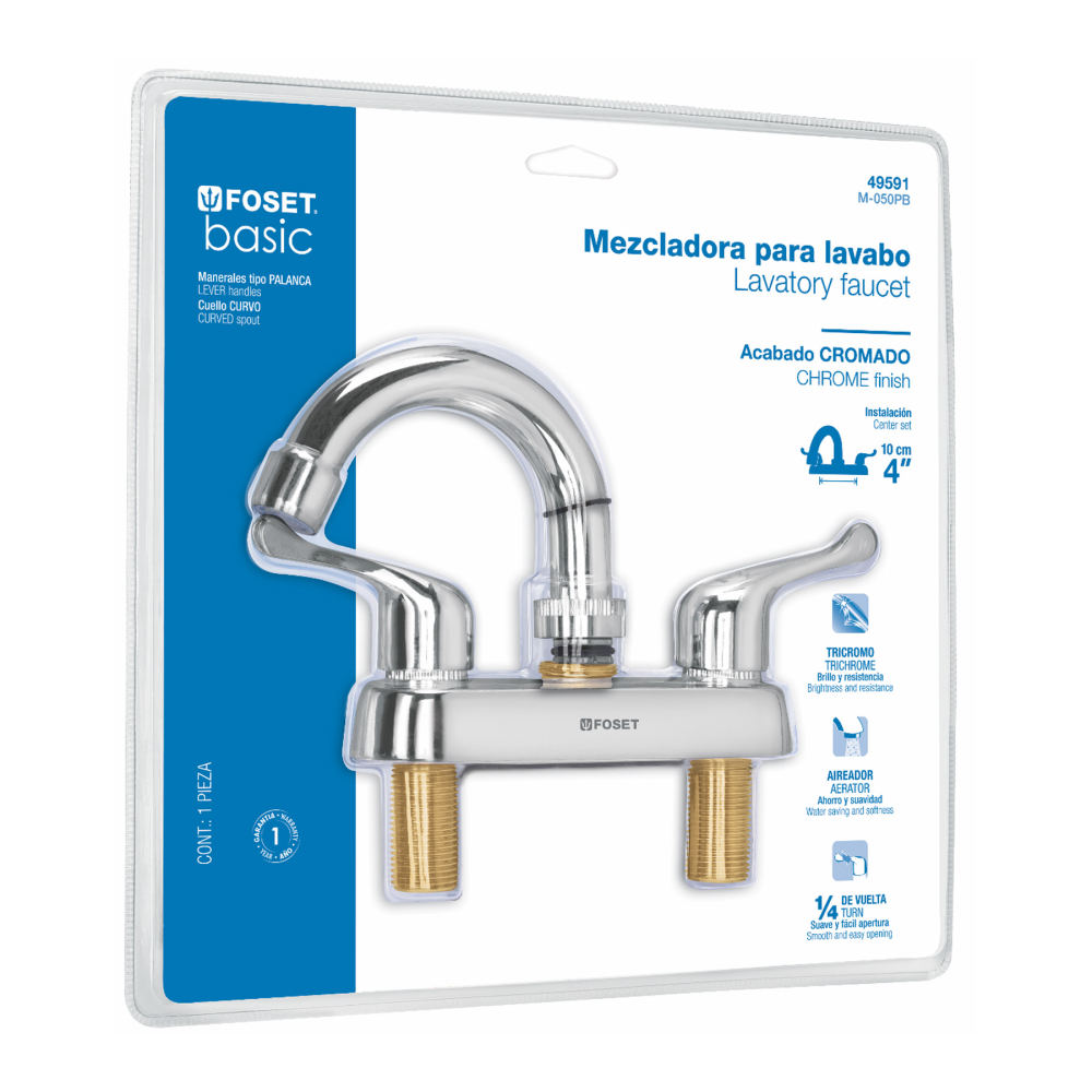 Mezcladora 4' lavabo, ABS,cuello curvo,palanca,blíster,BASIC M-050PB