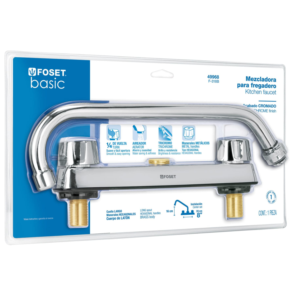 Mezcladora 8' fregadero, ABS, cuello largo,hex,blíster,BASIC F-318B