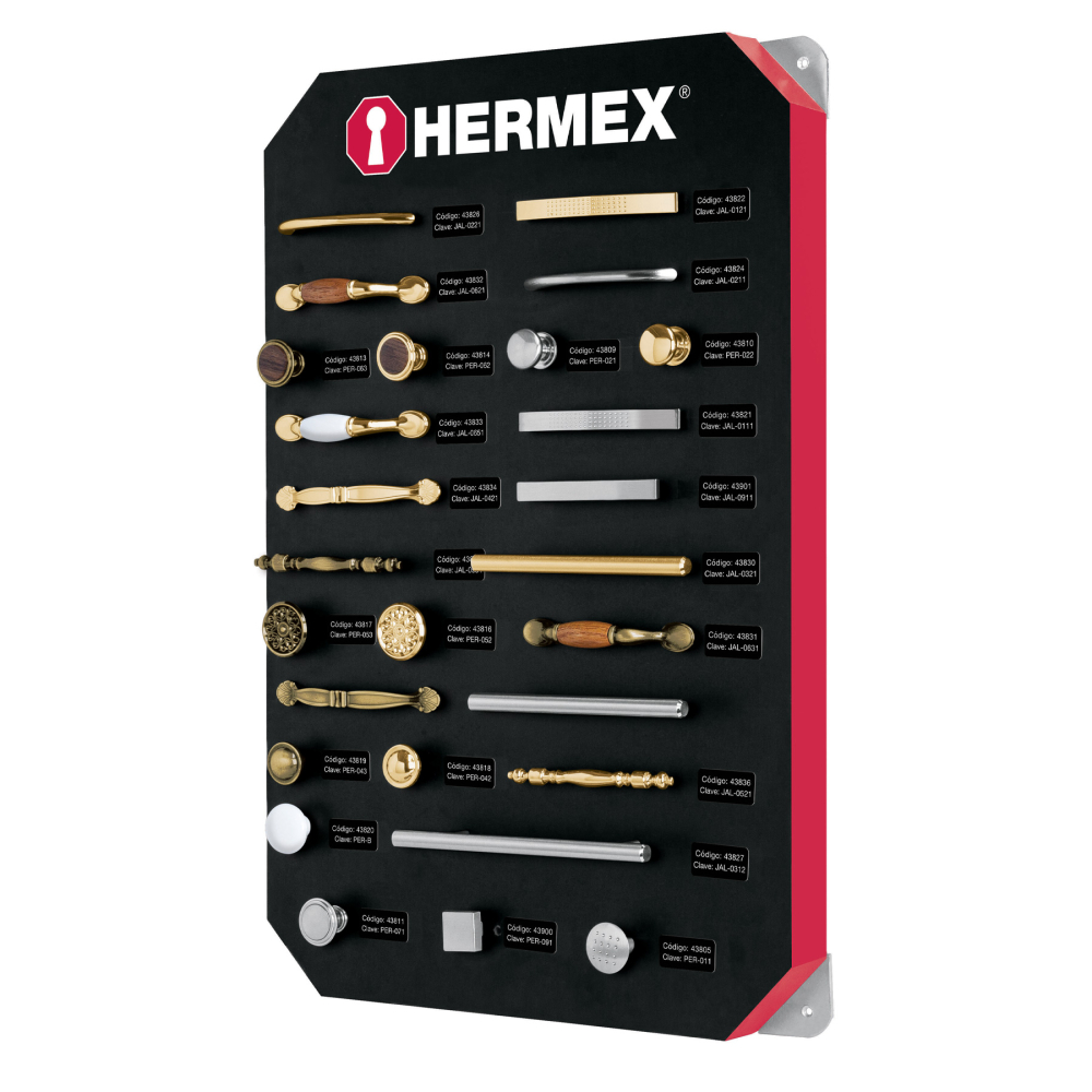 Exhibidor con jaladeras y perillas, 1 tablero, HERMEX EX-HE-JP1