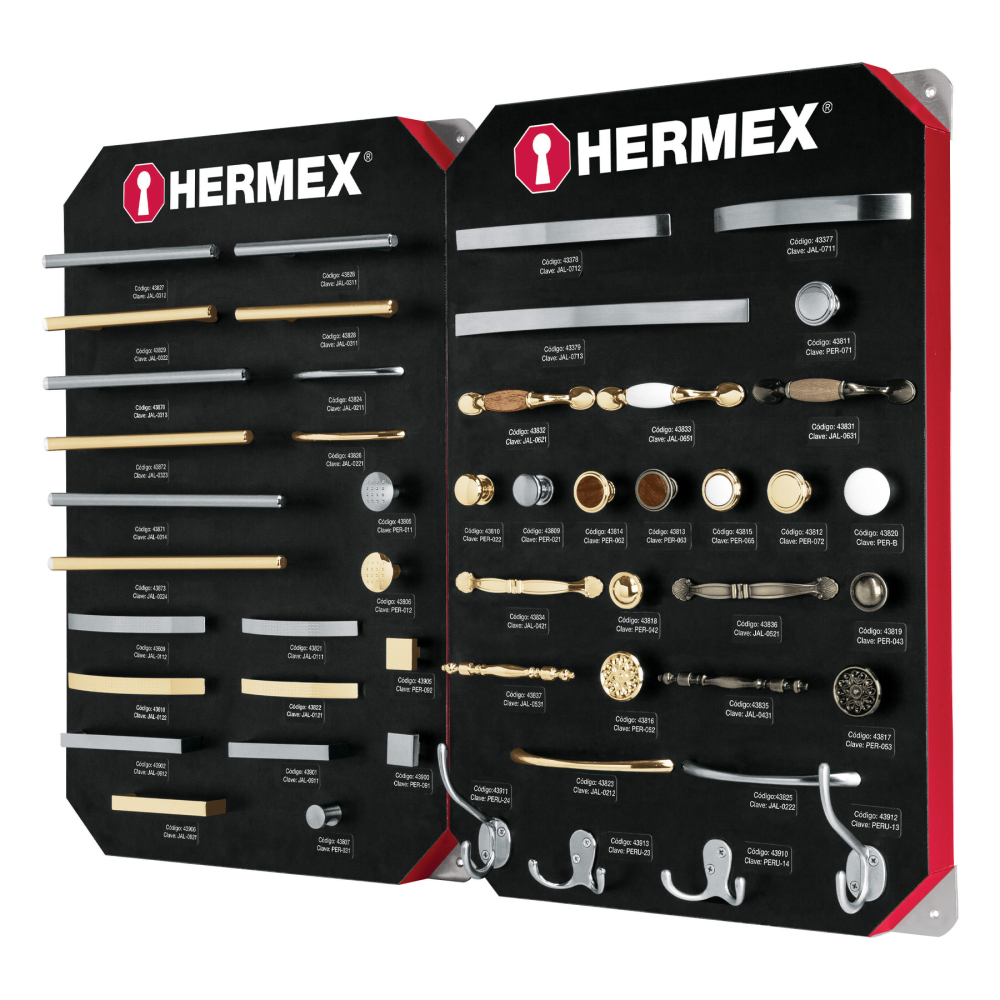 Exhibidor con jaladeras y perillas, 2 tableros, HERMEX EX-HE-JP2