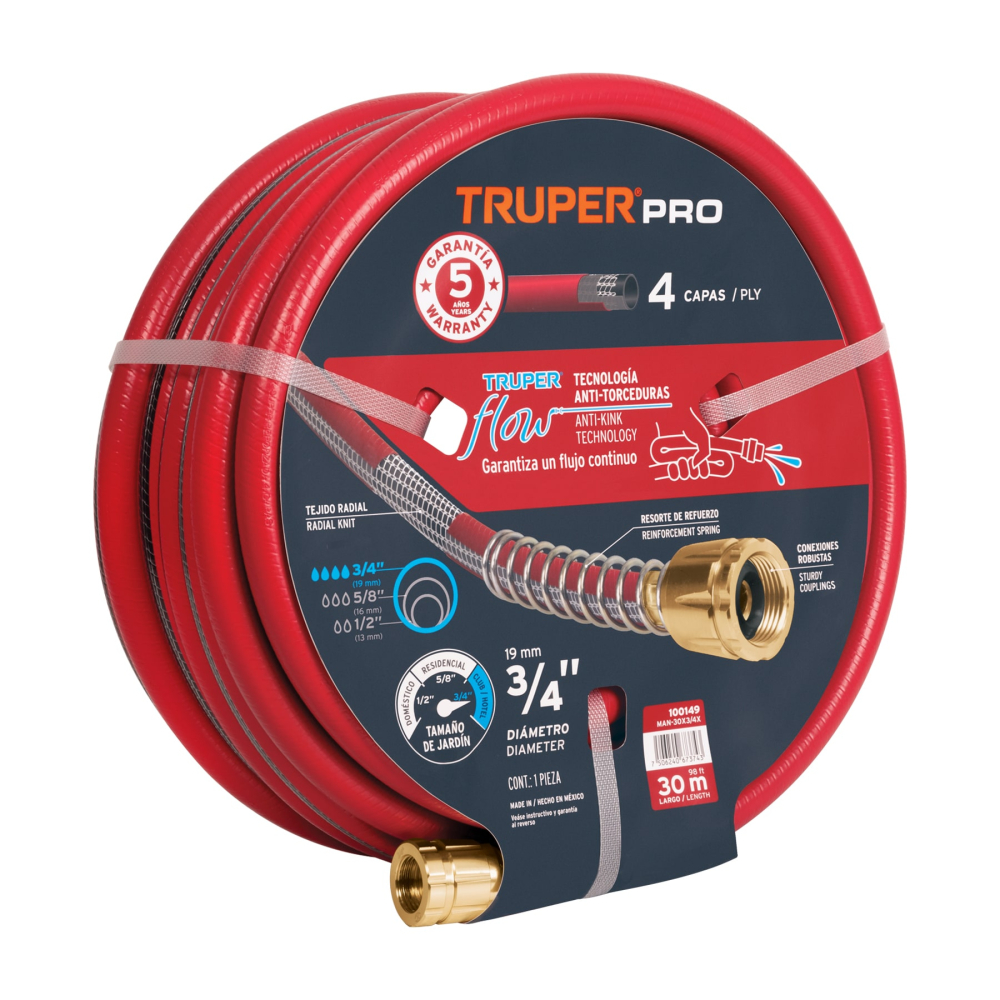 Manguera 3/4' super reforzada 4 capas 30m conexiones metal MAN-30X3/4X