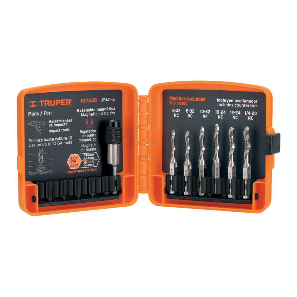 Juego de 6 brocas HSS con machuelo para metal, Truper JBMT-6