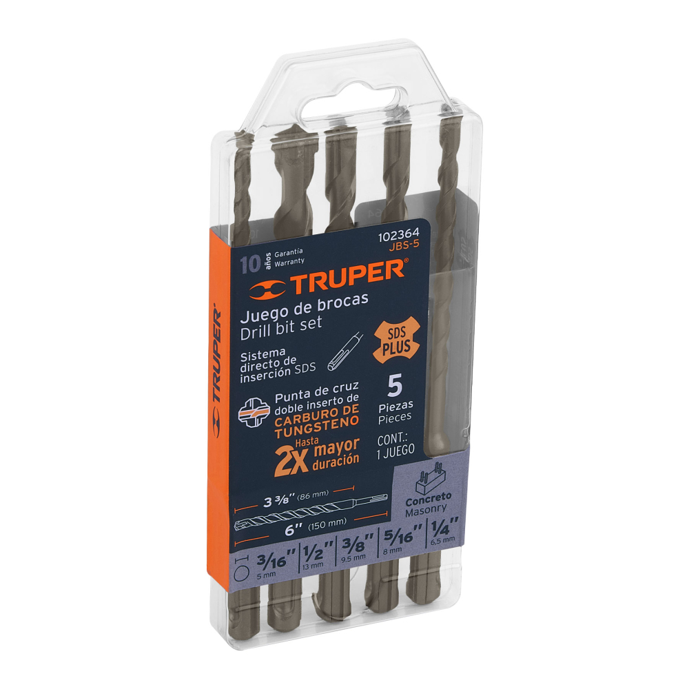 Juego de 5 brocas para concreto SDS Plus, TRUPER JBS-5