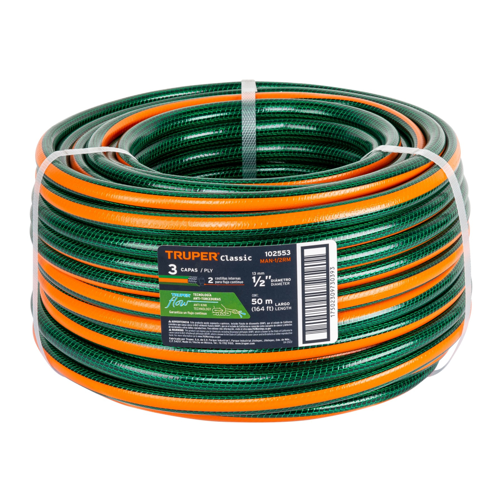 Metro de manguera 1/2' 3 capas en rollo de 50 m, Truper MAN-1/2RM