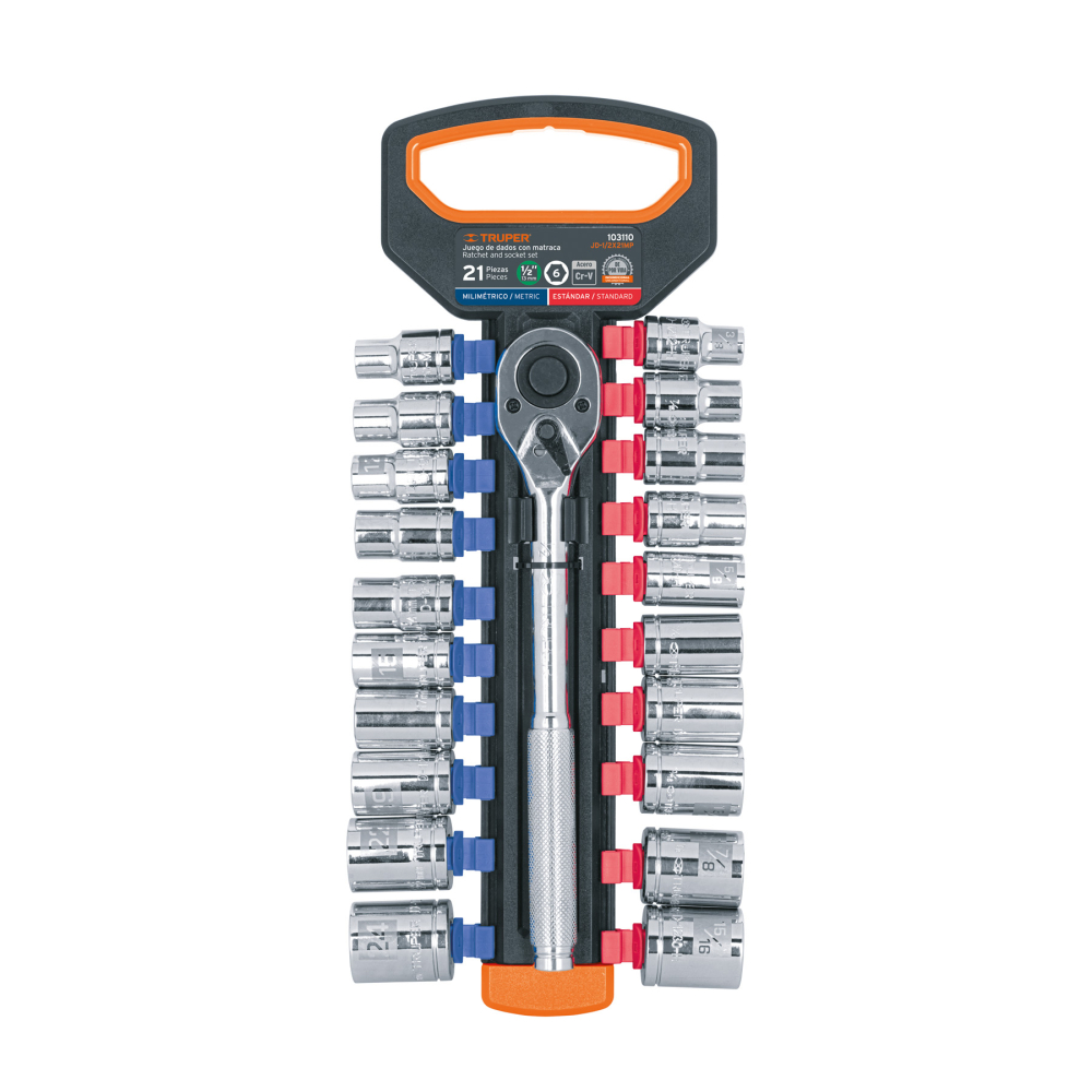 Juego de dados mm y std con matraca, cuadro 1/2', TRUPER JD-1/2X21MP