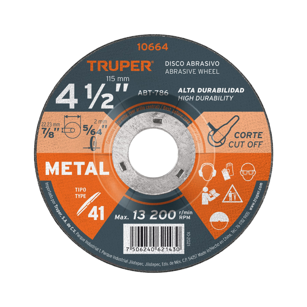 Disco de 4-1/2' para corte de metal, tipo 41, TRUPER ABT-786