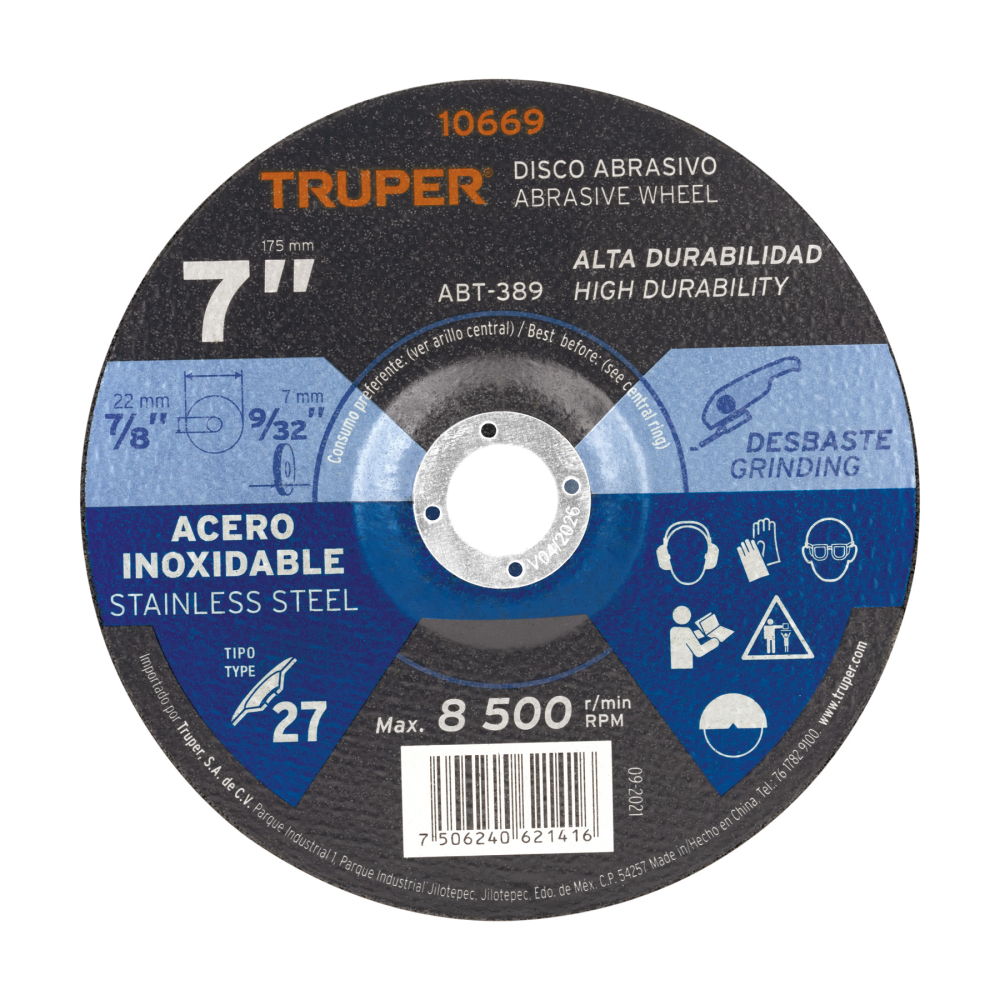 Disco Tipo 27 de 7' x 7.2 mm desbaste de acero inoxidable ABT-389