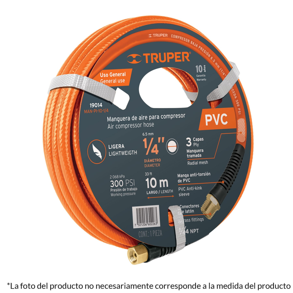 Manguera para compresor, de PVC, 10m x 3/8', TRUPER MAN-PI-10-3/8