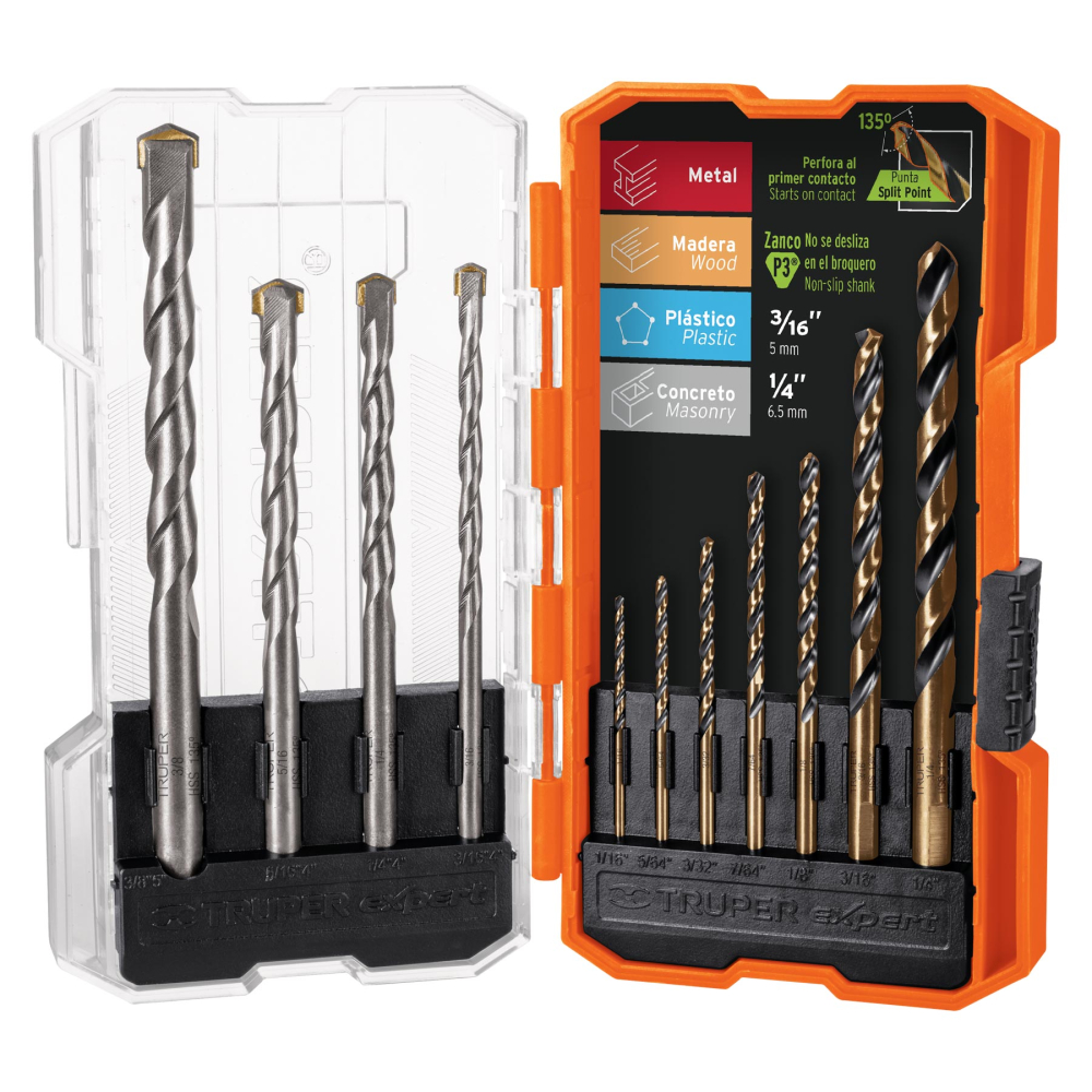 Juego de 11 brocas para metal y concreto en estuche, TRUPER JBAC-11