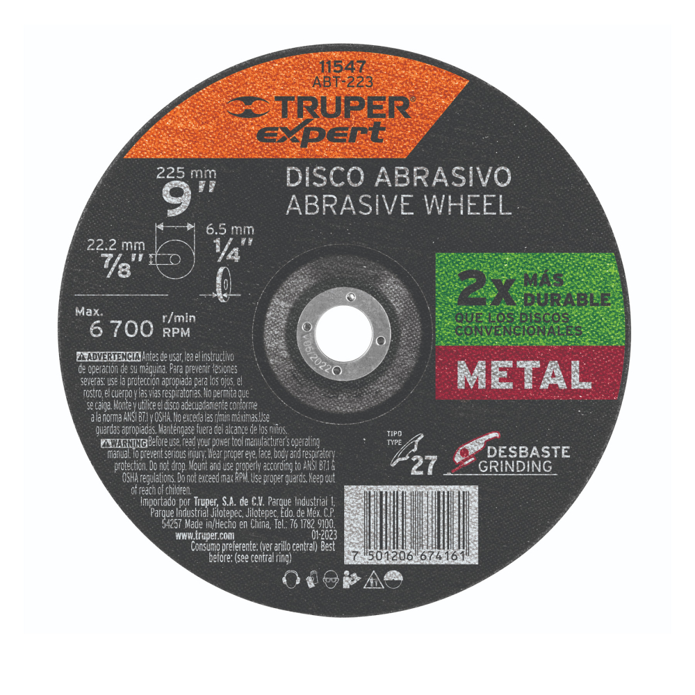 Disco Tipo 27 de 9' x 6.4 mm desbaste de metal, EXPERT ABT-223