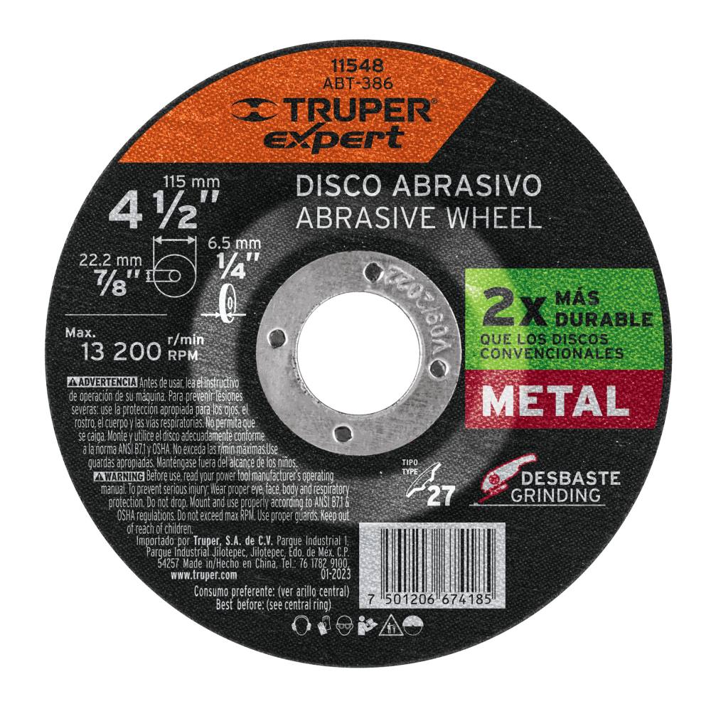 Disco Tipo 27 de 4-1/2' x 6.4 mm desbaste de metal, EXPERT ABT-386