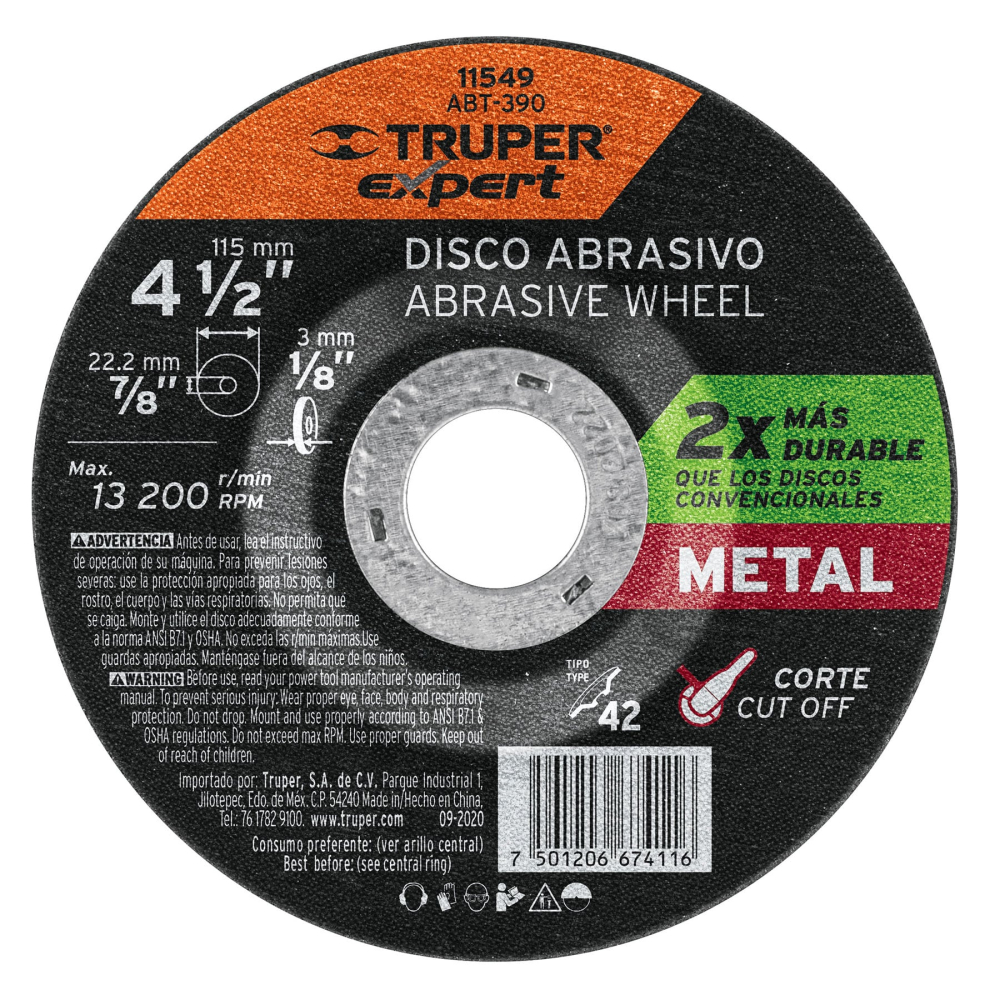 Disco Tipo 42 de 4-1/2' x 3.2 mm corte metal, TRUPER EXPERT ABT-390