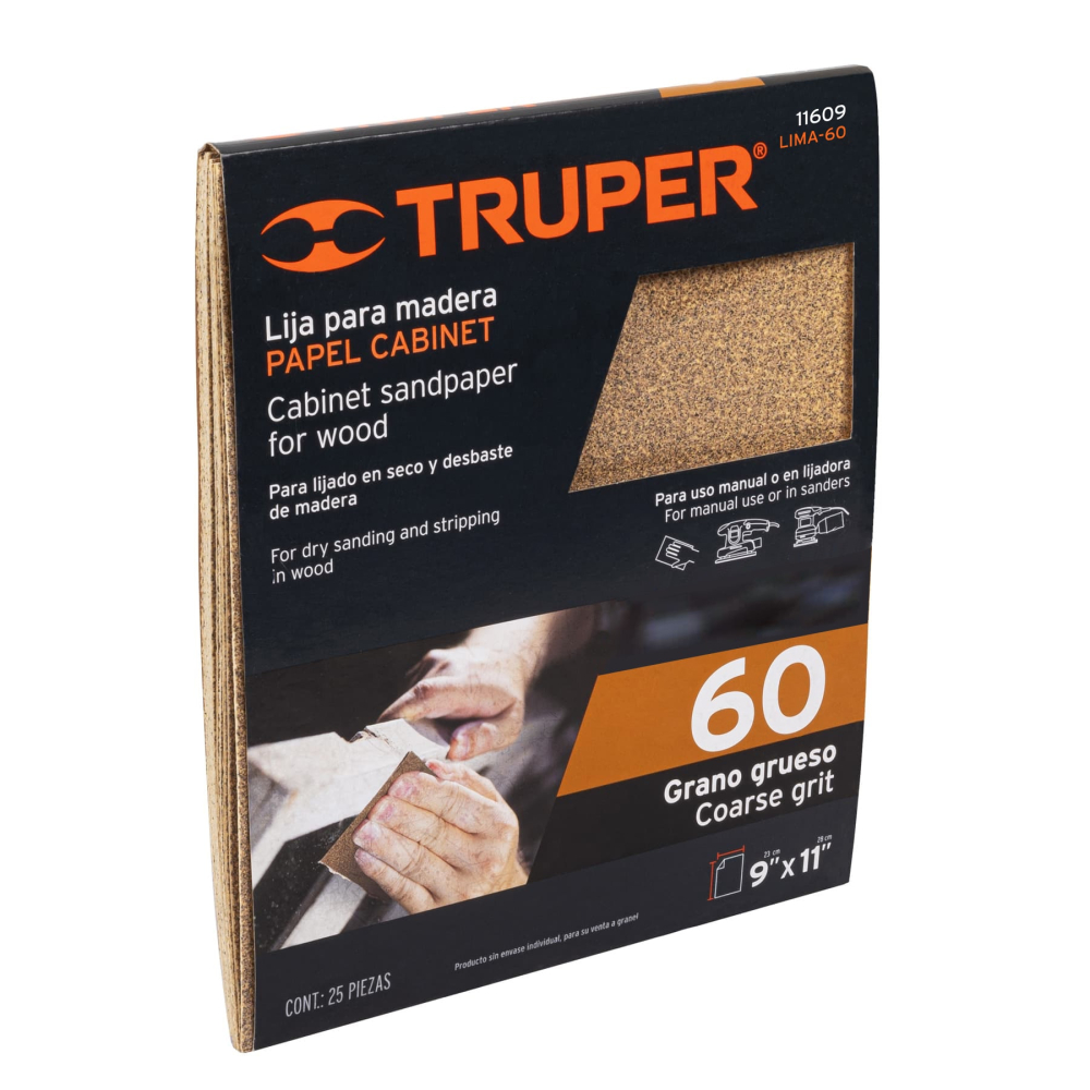 Lija para madera papel cabinet, grano 60, TRUPER LIMA-60
