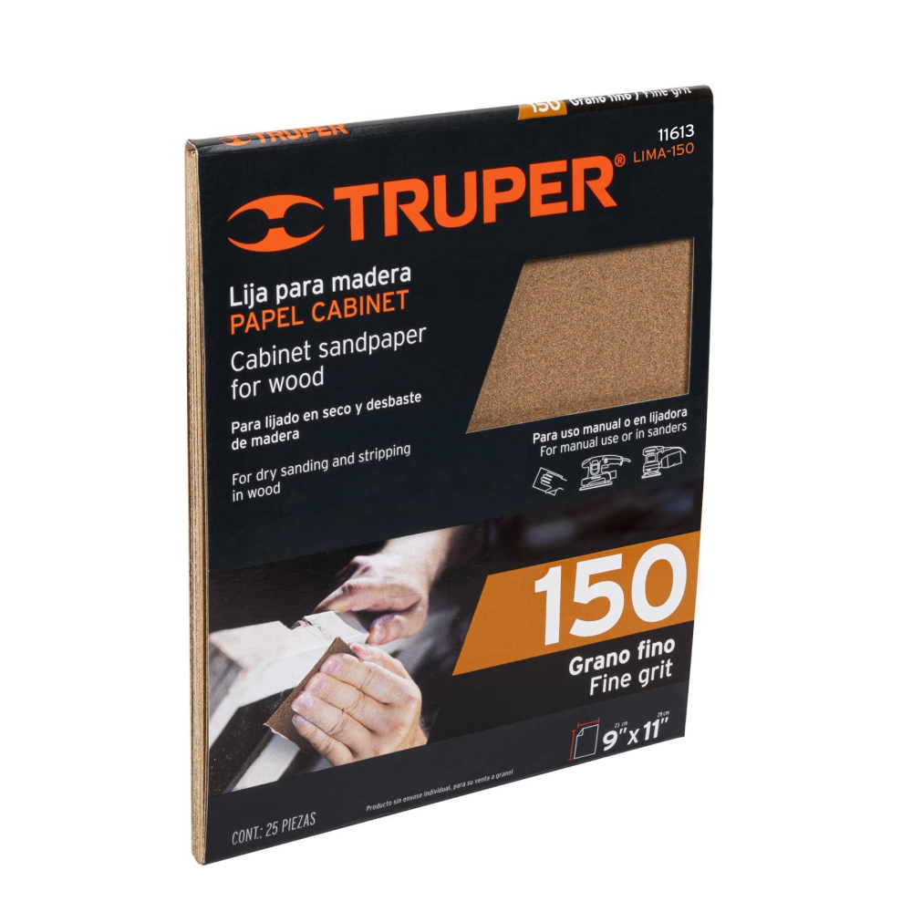 Lija para madera papel cabinet, grano 150, TRUPER LIMA-150