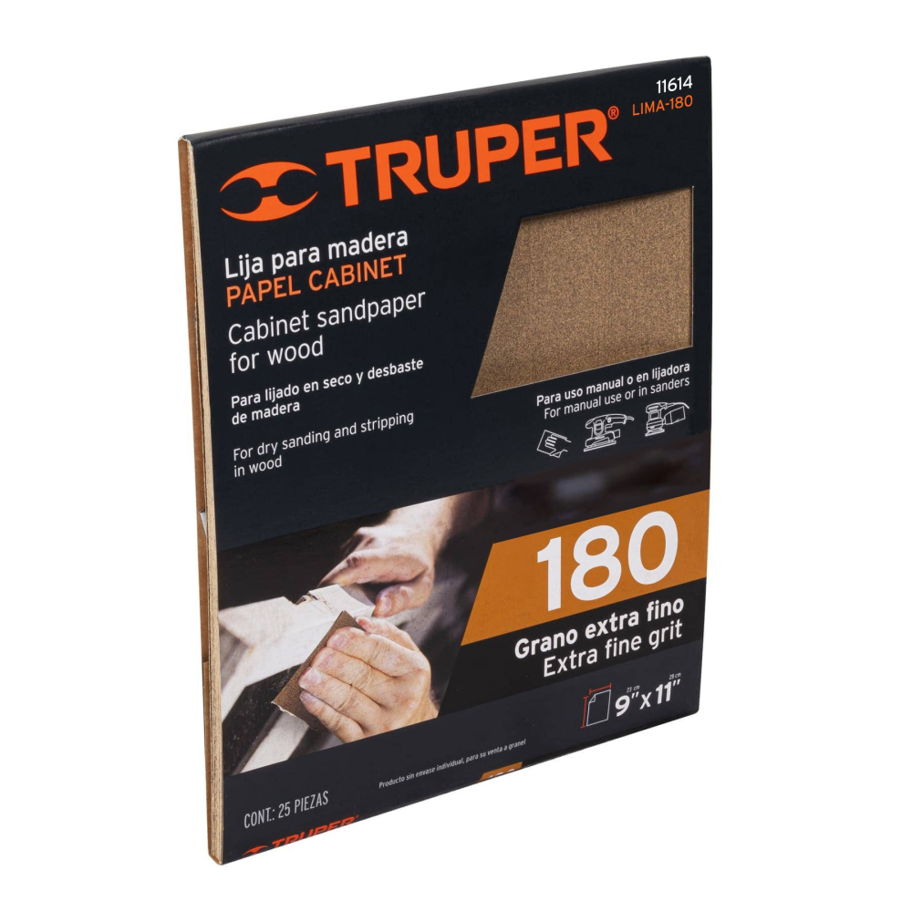 Lija para madera papel cabinet, grano 180, TRUPER LIMA-180