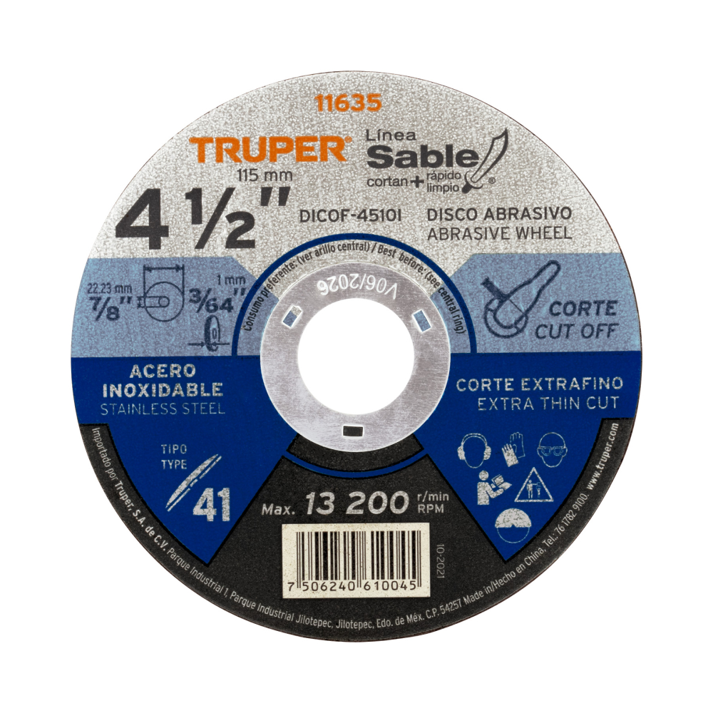 Disco Tipo 41 de 4-1/2' x 1 mm corte fino acero inox, Sable DICOF-4510I