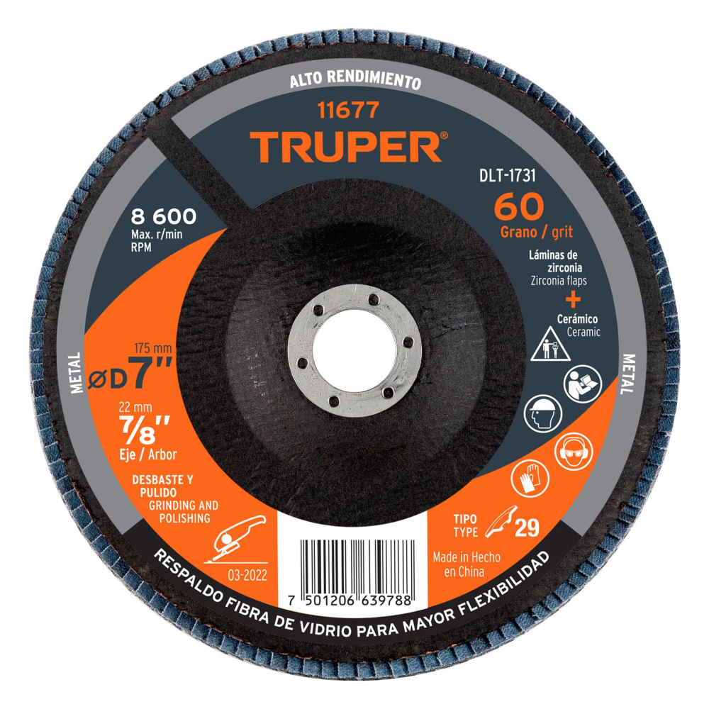 Disco laminado 7', grano 60 centro 7/8', fibra, TRUPER DLT-1731